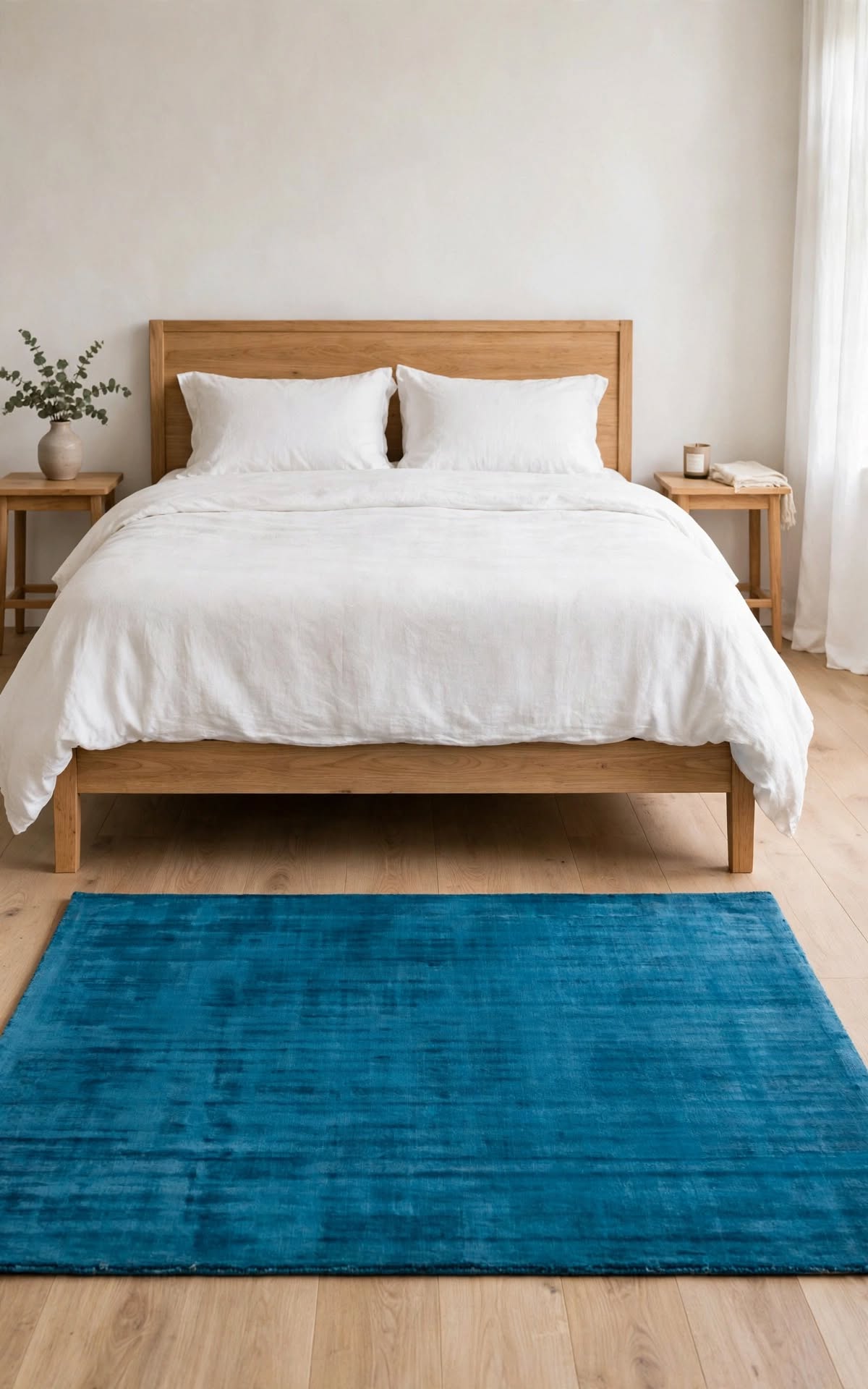 Blue Silky Viscose Rug, handmade in Bhadohi India – a bright blue rectangular rug laid on a light wood floor in front of a wooden