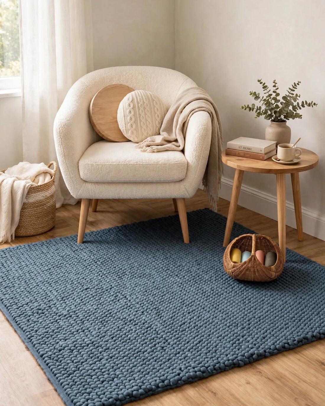 Denim Blue Chunky Wool Area Rug, handmade in Bhadohi India – a textured blue woven area rug styled in a bright, modern living room corner