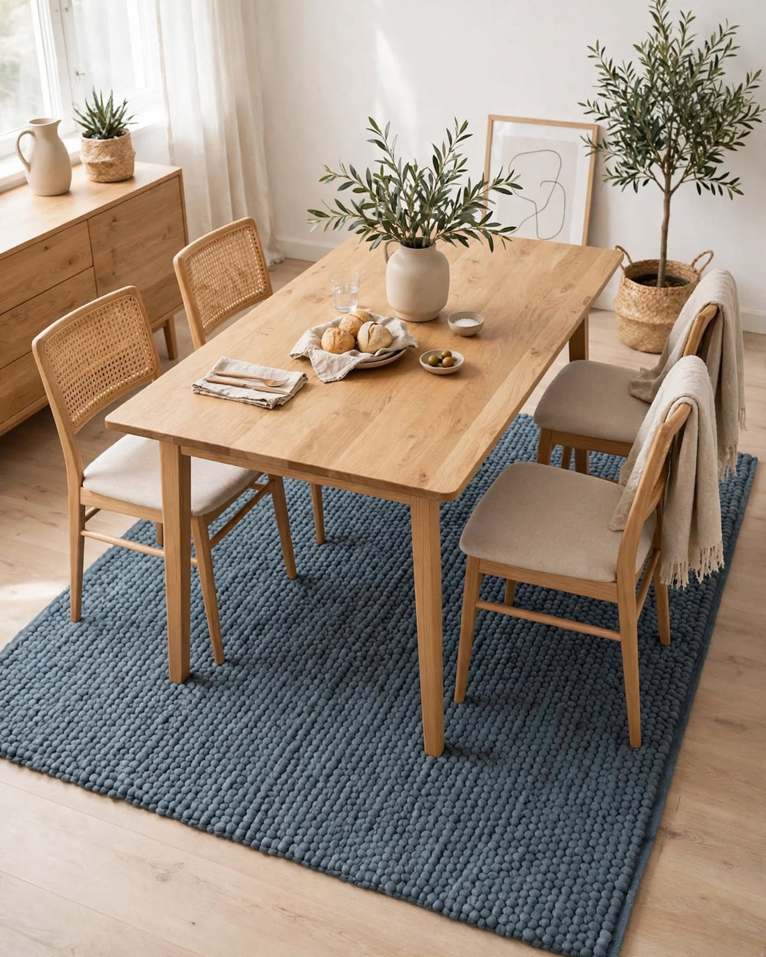 Denim Blue Chunky Wool Area Rug, handmade in Bhadohi India – a light natural wood dining table with four woven-back and upholstered chairs,