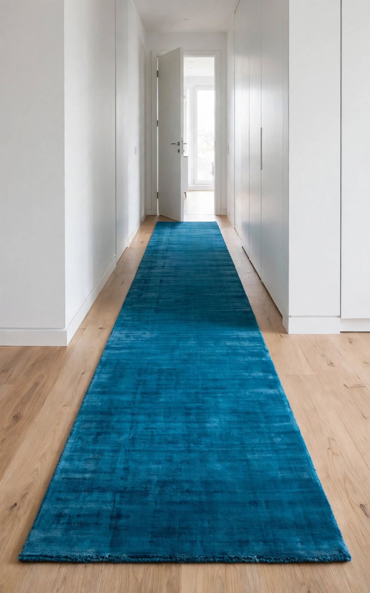 Blue Silky Viscose Rug, handmade in Bhadohi India – a long runner rug in a rich teal-blue color, laid out on a light wood floor in