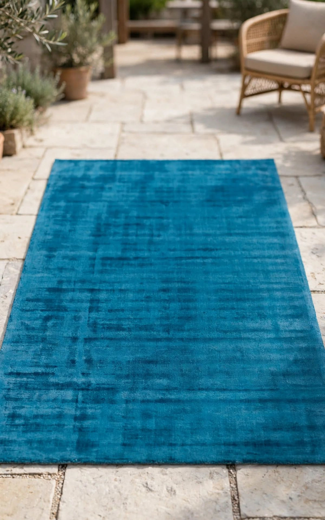 Blue Silky Viscose Rug, handmade in Bhadohi India – a rectangular blue outdoor rug with a subtle distressed texture, laid out on a