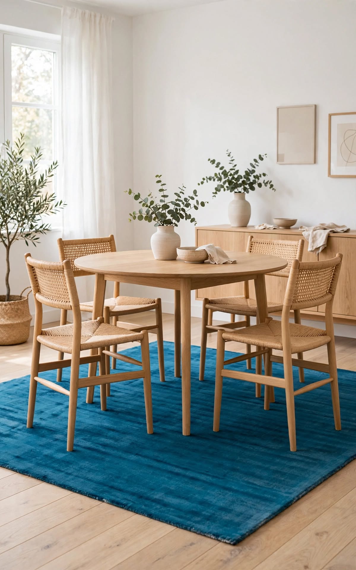 Blue Silky Viscose Rug, handmade in Bhadohi India – a round wooden dining table with four woven-back chairs placed on a bright blue
