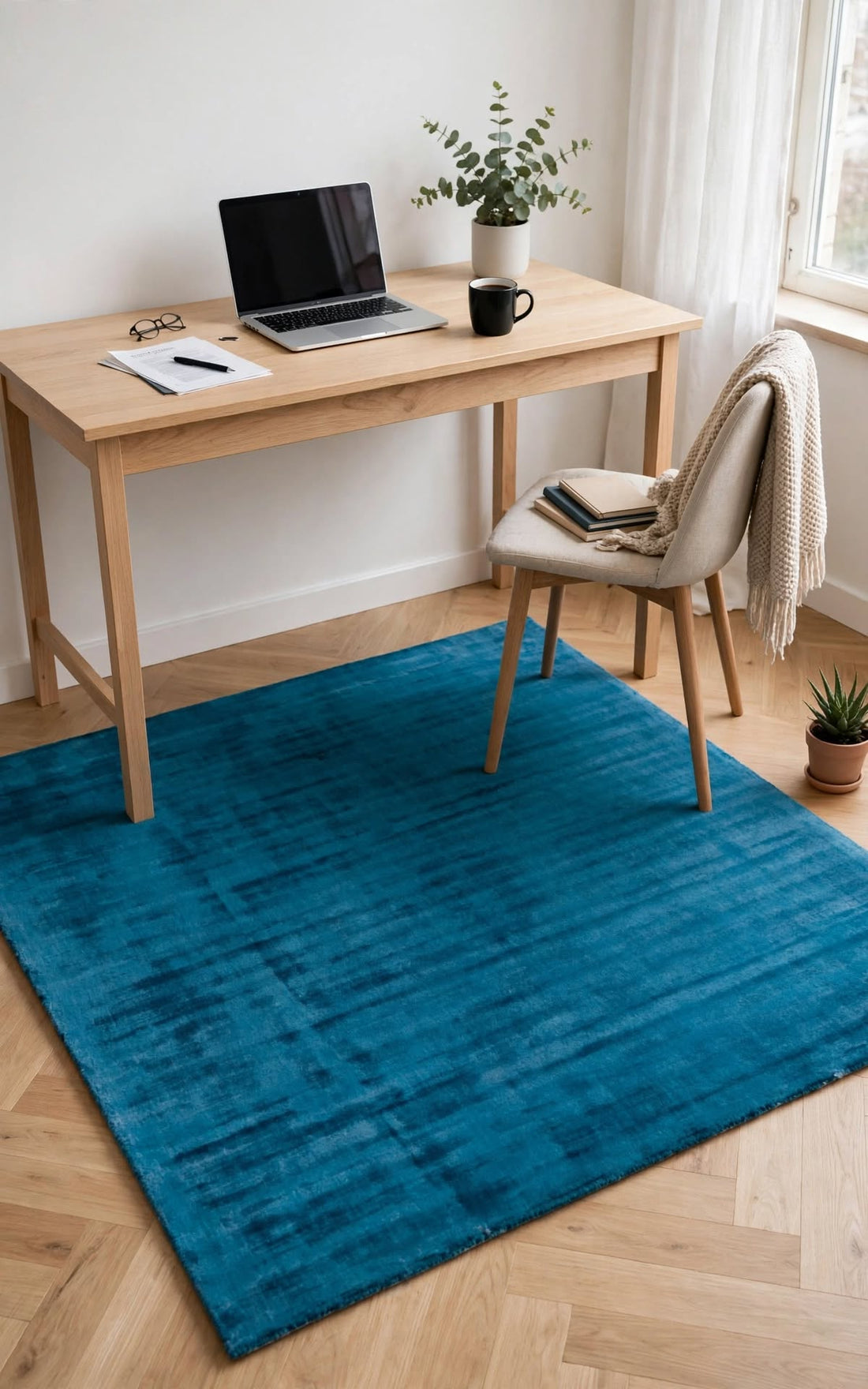 Blue Silky Viscose Rug, handmade in Bhadohi India – a bright blue area rug with a subtle textured pattern, styled in a modern home