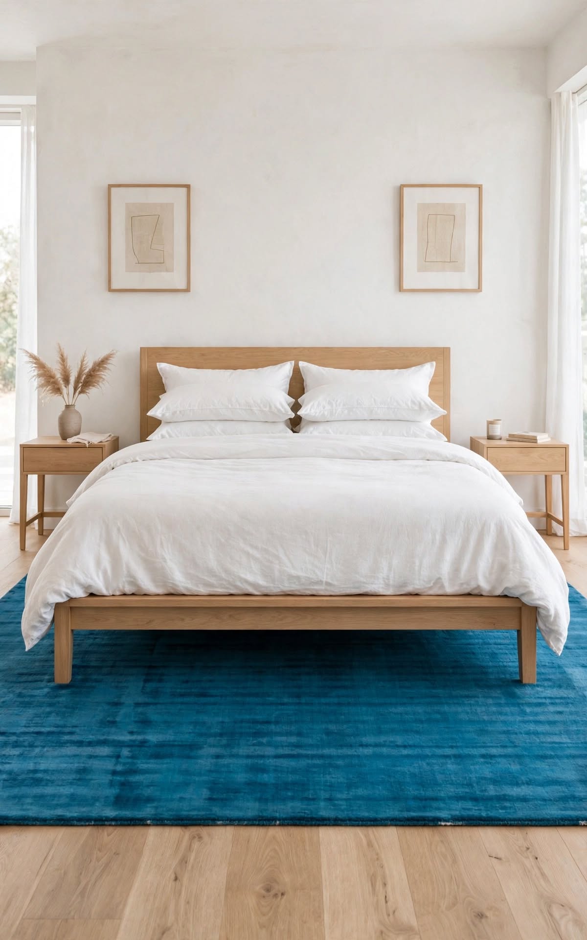 Blue Silky Viscose Rug, handmade in Bhadohi India – a minimalist bedroom scene featuring a light wood platform bed with white