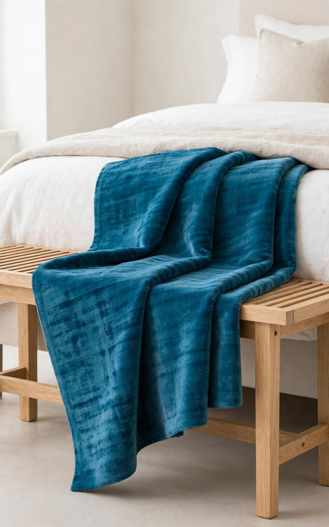 Blue Silky Viscose Rug, handmade in Bhadohi India – a plush teal blue throw blanket draped over a bed with white bedding and