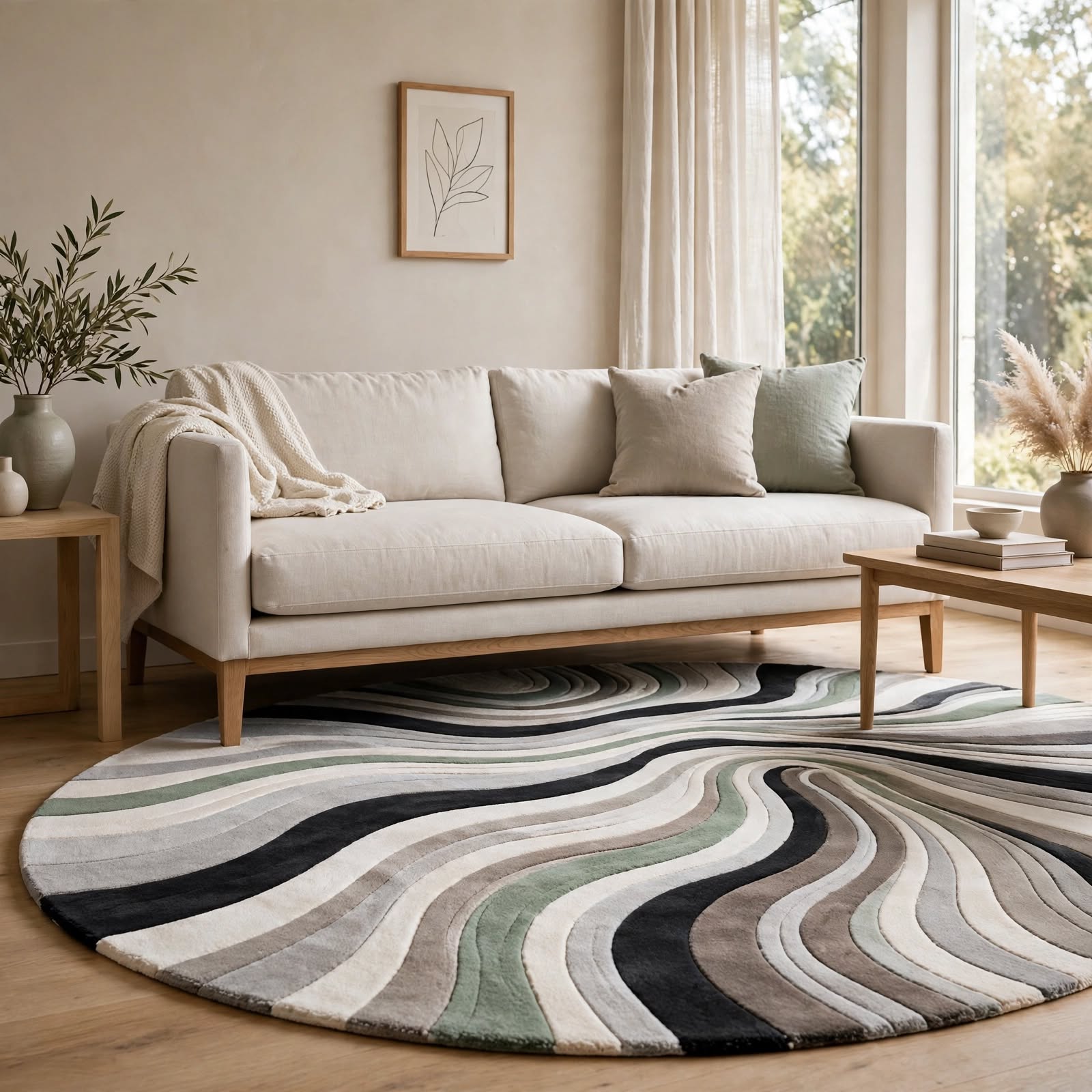 Hand-Tufted Round Wavy Swirl Rug – Earthy Espresso Brown Tan Circular Carpet