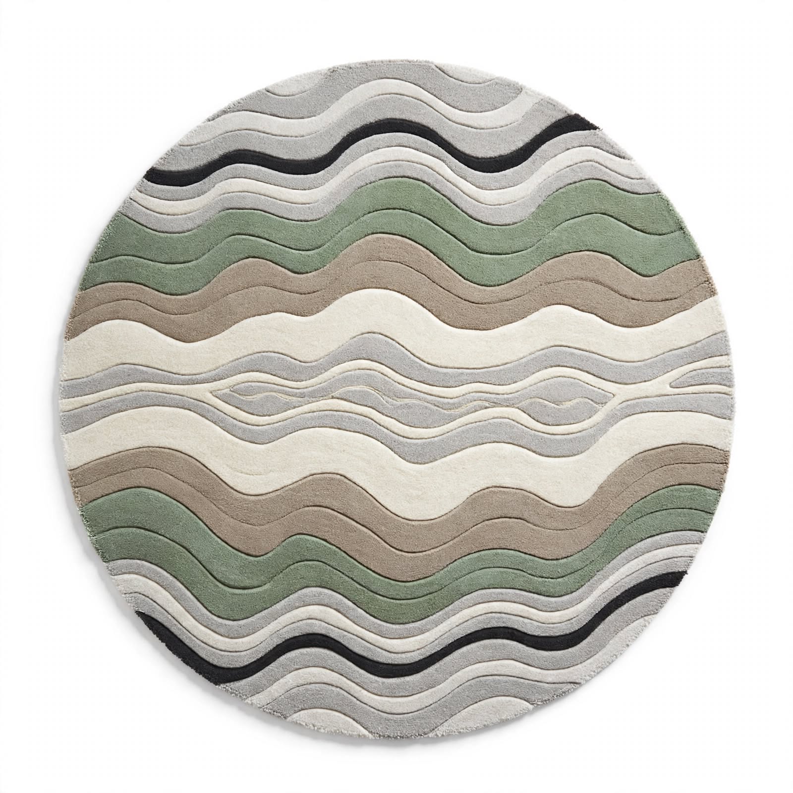 Hand-Tufted Round Wavy Swirl Rug – Earthy Espresso Brown Tan Circular Carpet